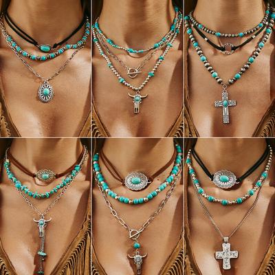 Ethnic Style Imitation Turquoise Beaded Cow Head Pendant Necklace, Retro Cross Flannel Collarbone Necklace