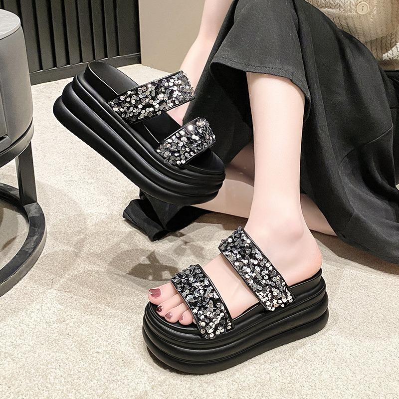 Mode Sommer Damen Hausschuhe Flip-Flops Damen Strand Bling Klobige Schuhe Keilabsätze Draußen Sandalen Frau Hohe Plateau Hausschuhe 9CM