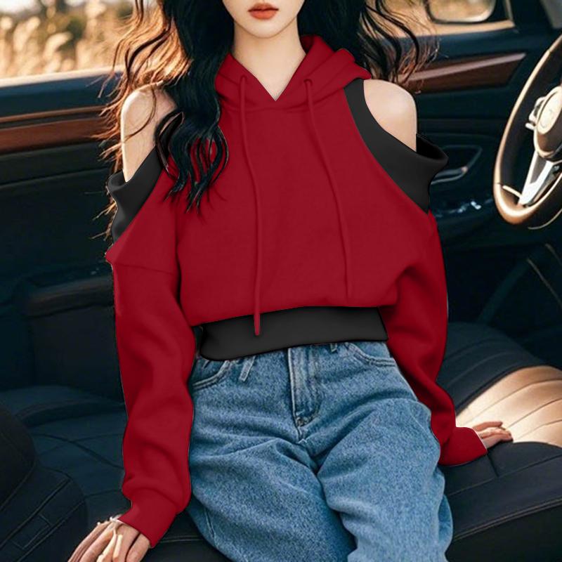 

VONDA Женская мода с открытыми плечами, контрастные цвета, длинный рукав, с капюшоном, толстовки 4XL красный