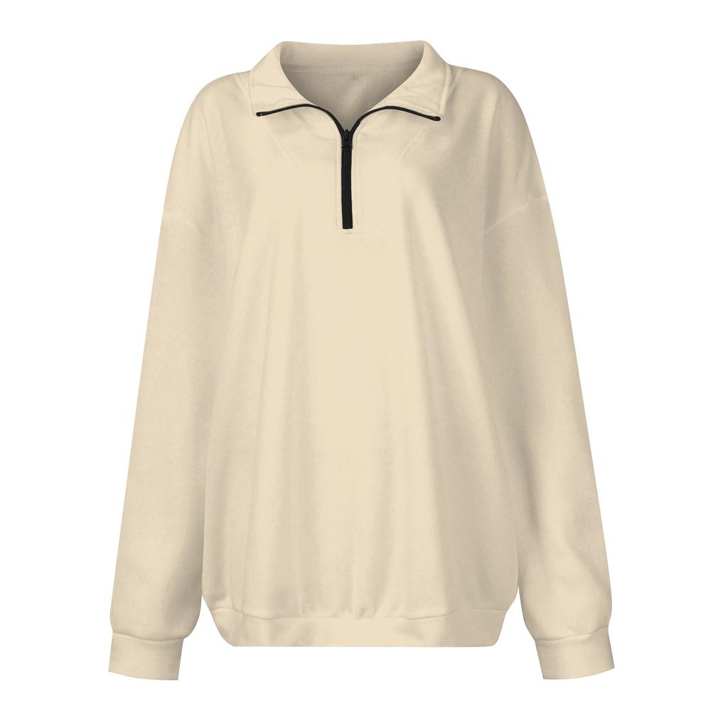 Sweat-shirt décontracté pour femme à la mode, couleur unie, col en V, zippé, ample, manches longues, poche latérale