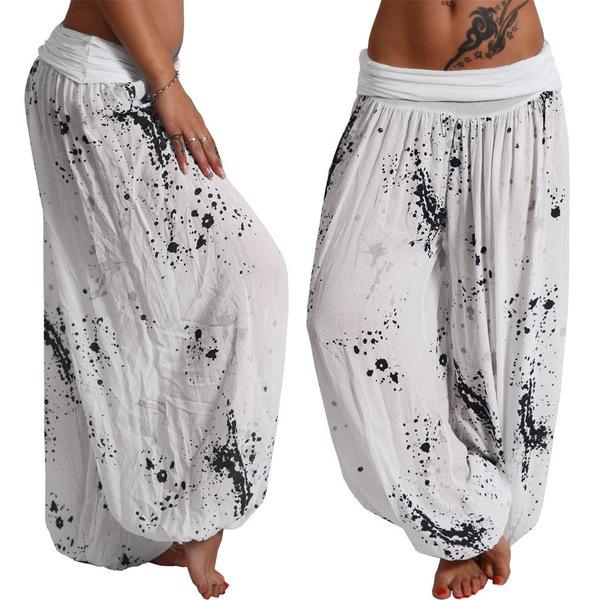 Women Casual Boho Print Pants Wide Leg Pants Loose Pocket Button Pants