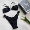 Multicolor Metal Buckle Bikini Swimsuit - European & American Style, Small Chest, Split Design for Women