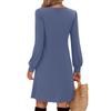 Women's Solid Color Casual Fashion V-neck Long Sleeved Mid Length Dress