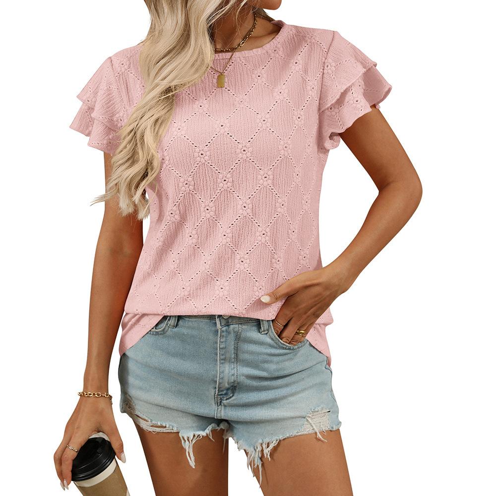 Women's Crew Neck Ruffle Short Sleeve T-Shirt Loose Fit Hollow Out Knit Casual Summer Blouse Top