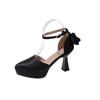 Fashion High Heels Women 2024 Summer New Fashion Satin Face Pointed Toe High Heel Sandals Bow One Word Buckle Thick Heel Women's Shoes