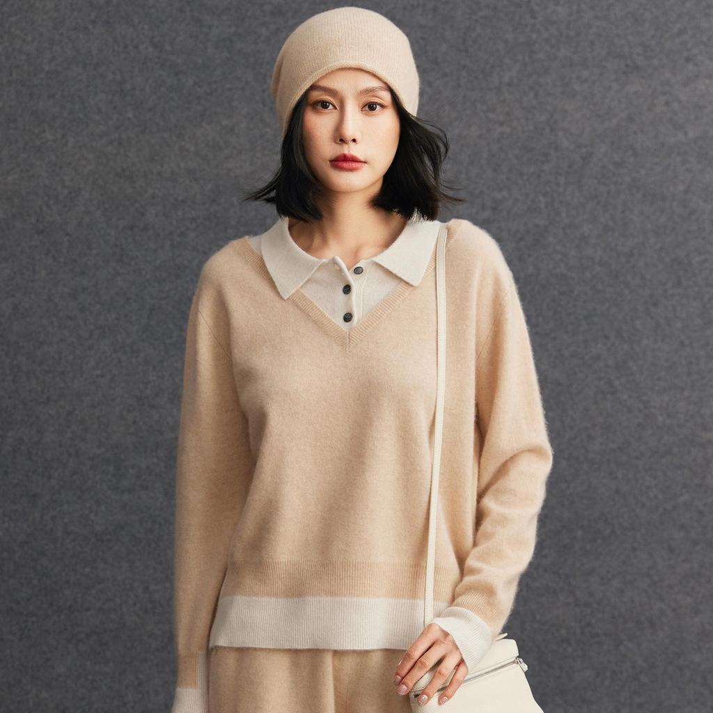 Women's Elegant Cashmere Polo Neck Two-in-One Pullover Sweater