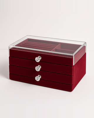 Burgundy Velvet Jewelry Box with Dustproof Drawers for Earrings and Dressing Table Storage