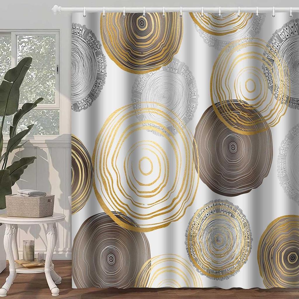 Modern Abstract Shower Curtain,Circle Geometric Pattern Shower Curtain Sets, Mid Century Style Bathroom Curtains Decor Set with