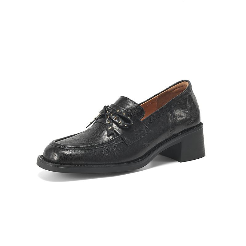 Fashion New Spring Sheep Leather Woman Shoes Square Toe Women Pumps Shoes for Women Chunky Heel Loafers Fashion Rivet Bow Casual Shoes