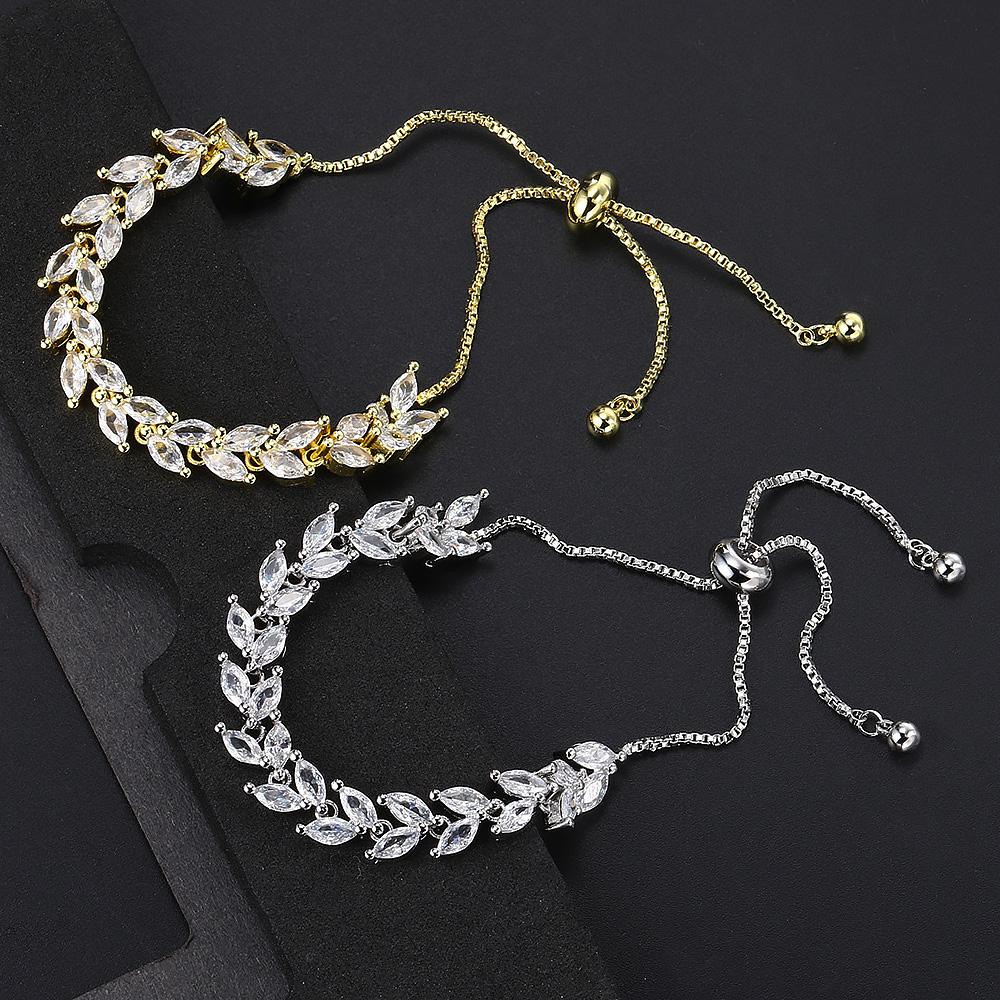 Exquisite Elegant Ice Out Leaves Cubic Zirconia Adjustable Bracelet For Women Wedding Party Gift Fashion Jewelry Dropshipping