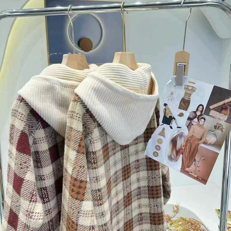 Removable Hat Plaid Woolen Jacket Women's Short Autumn and Winter Loose New Woolen Coat Plaid Thickened Sweater