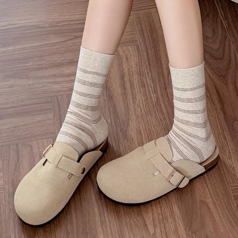 Mid-calf Pile Socks for Girls' School Style, Fine Striped Basic Color-blocked Cotton Socks, Boneless Socks