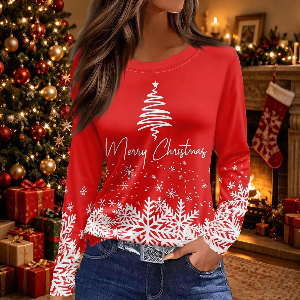 Women's Christmas Tree Print Crewneck Long Sleeve Top with Split Hem for Holiday