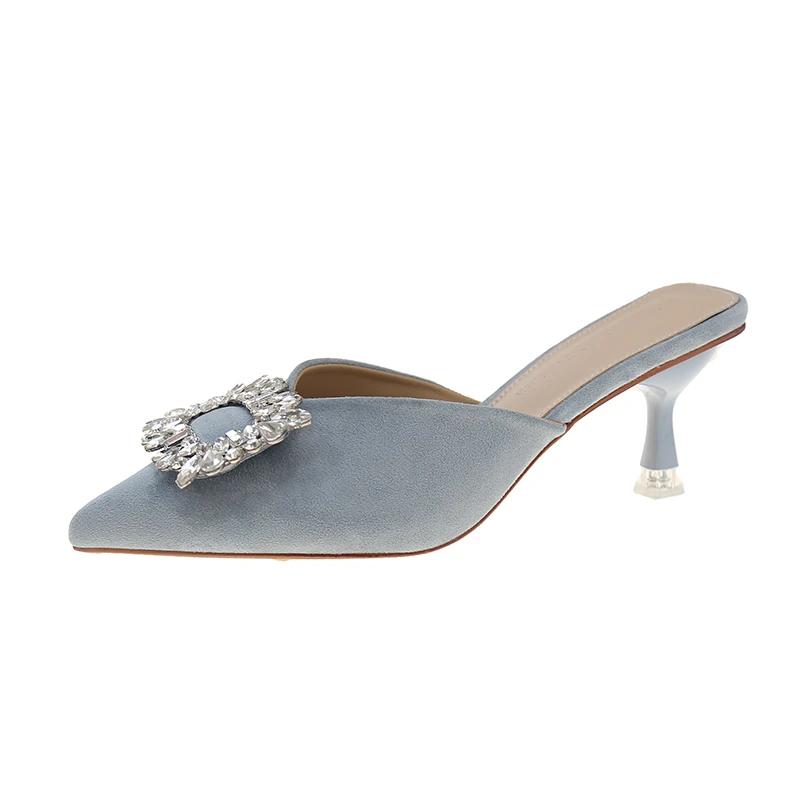 

Fashion Shoes Female 2025 Summer New Women’s Closed Toe Slippers Fashion Crystal Square Button Slippers Thin Heels for Daily & Dress 35 синий