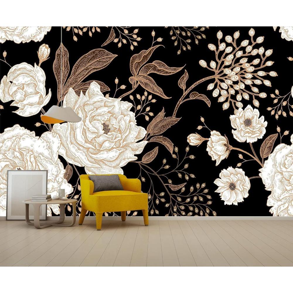 Vintage Gold White Floral Wall Mural Black Background Peony Flower Wallpaper Bedroom Decor
