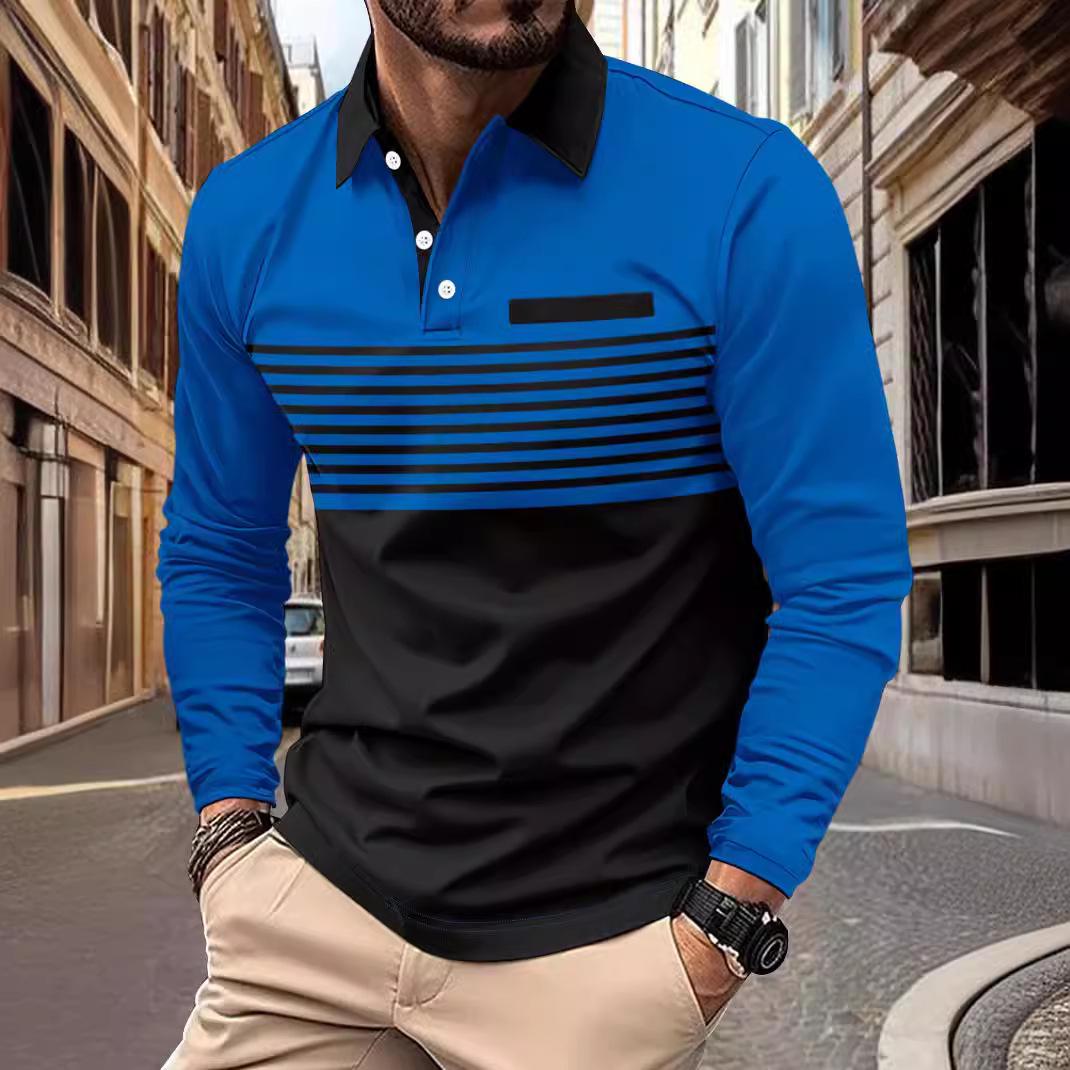 

2024 Autumn Men s Striped Long Sleeve Polo Shirt with Turn-down Collar XL синий