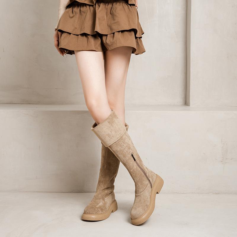 

Black knight boots women s side zipper boots 2424 autumn and winter new milk tea color boots high-end flat boots 40