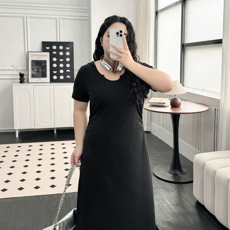 

Plus size women clothing [Relaxed Feeling Lazy Long dress] Chubby Girl Summer Hood Design Feeling Pleated Short sleeve Full Body Dress Black 5XL([Recommended 82.50 kg-92.50 kg]])
