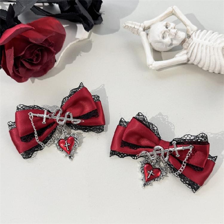 Fermaglio per capelli con design a catena a forma di cuore e fiocco, Barretta in pizzo punk per donna/ragazza, per abbigliamento casual e formale, Accessorio per capelli anime, 2 Pezzi