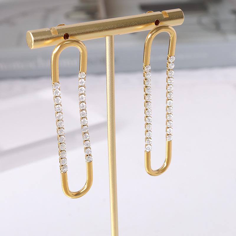 

French Minimalist Geometric U-Shaped Zircon Titanium Steel Earrings, 18K Gold-Plated Studs