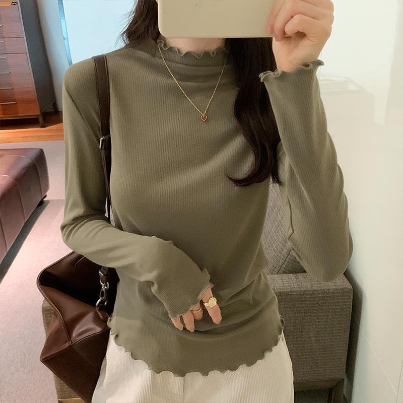 White half-high collar, modern style, middle collar, brushed top, women's autumn and winter new style, versatile plus velvet bottoming shirt