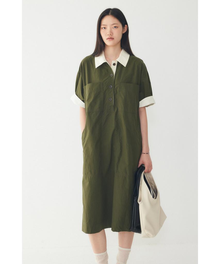 STUDIO TOMBOY Color Block Collared Short Sleeve Dress_Dark Khaki 9176241983