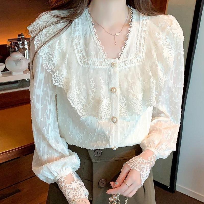Casual Tops Dame Vintage Süße Rüschen Spitze Hemd Frauen Mode Slim Fit Langarm Bluse Frau Elegante Lose V-ausschnitt Shirts weibliche 24228