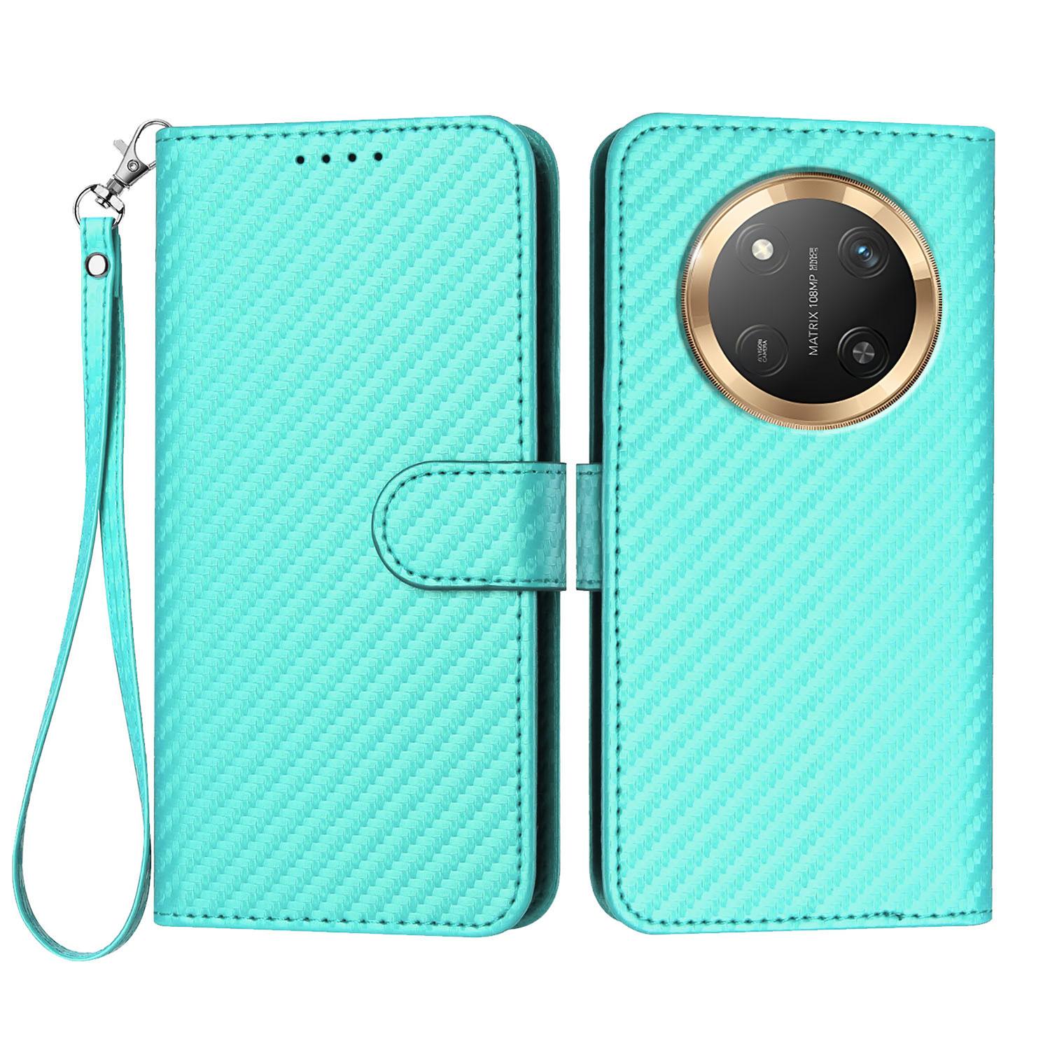 

For Honor X60 Pro 5G/Honor Magic7 Lite 5G/Honor X9c 5G Wallet Case with Strap Carbon Fiber Texture Leather Mobile Cover Light Blue