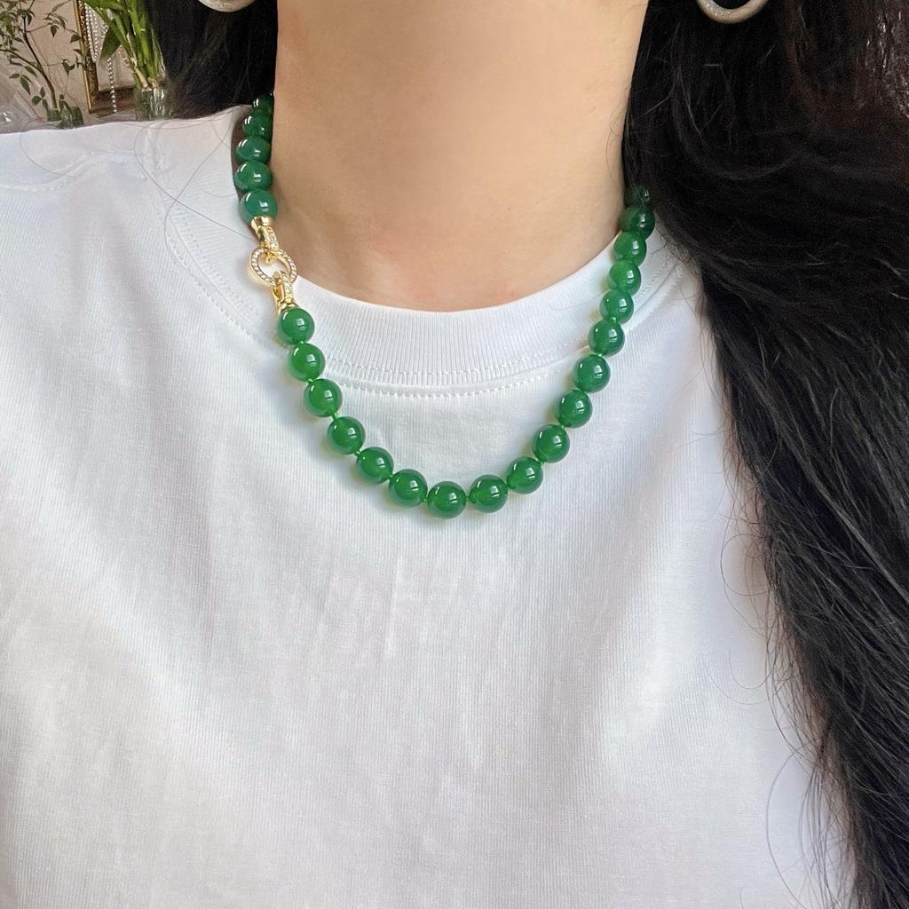 10Mm Large Granular Emperor Green Ice Transparent Natural Chalcedony Agate Necklace Clavicle Chain