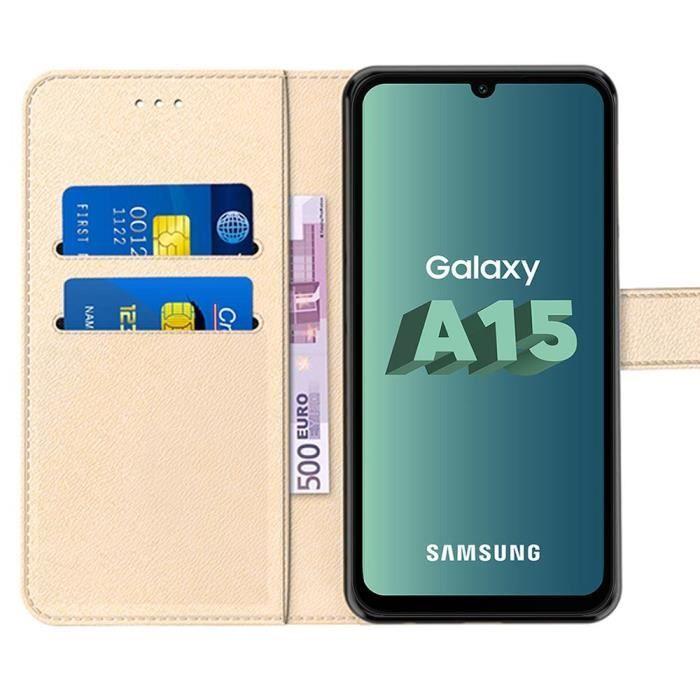 Case for Samsung Galaxy A15 4G-5G - Shockproof Protection In Golden PU Leather with Card Slots + 2 Tempered Glasses