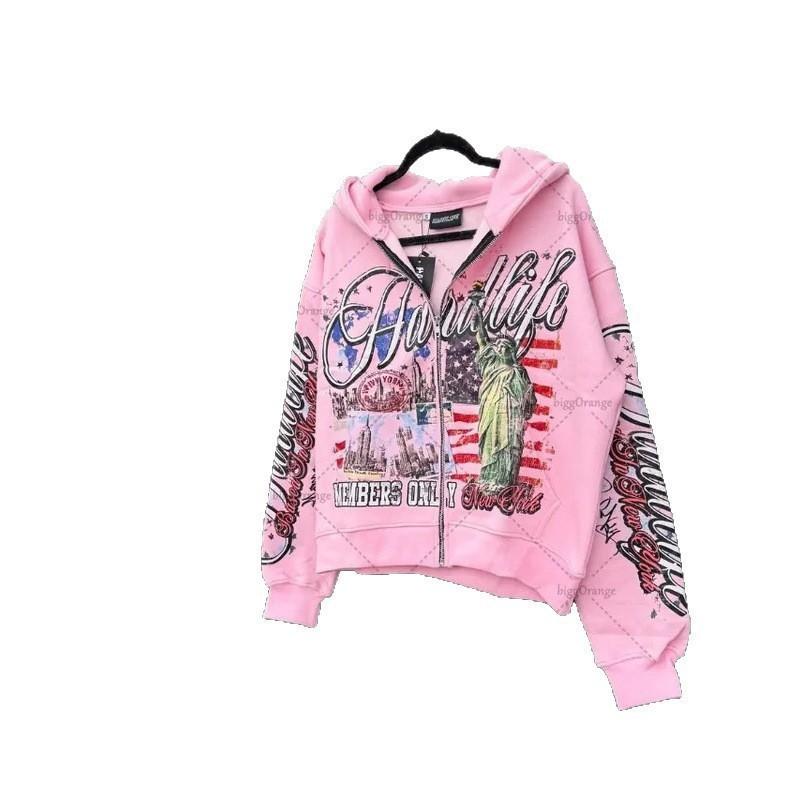 Cardigan con cappuccio alla moda hip-hop streetwear retro americano con stampa di lettere, maglione sportivo ampio Harajuku