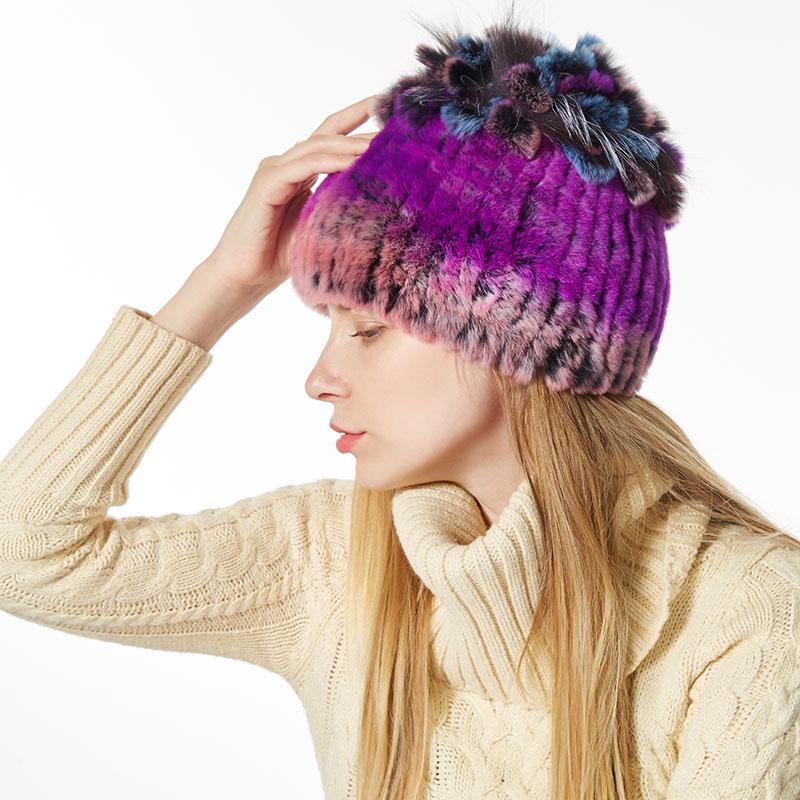 New Winter hats for women 100% Real Rex rabbit fur Patchwork thick hat female knitted hat skullies & beanies women's beanie cap