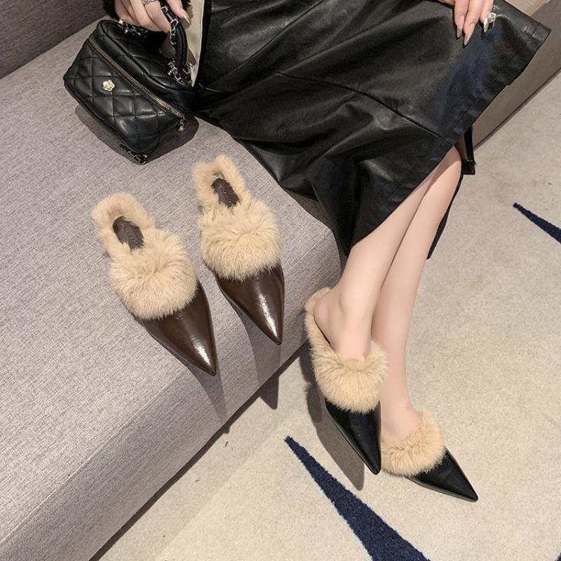 New Warm Winter Real Rabbit Fur Plush Women Slippers Fashion Pointed Flat Mules Shoes Lady Luxury Mujer Indoor Slides