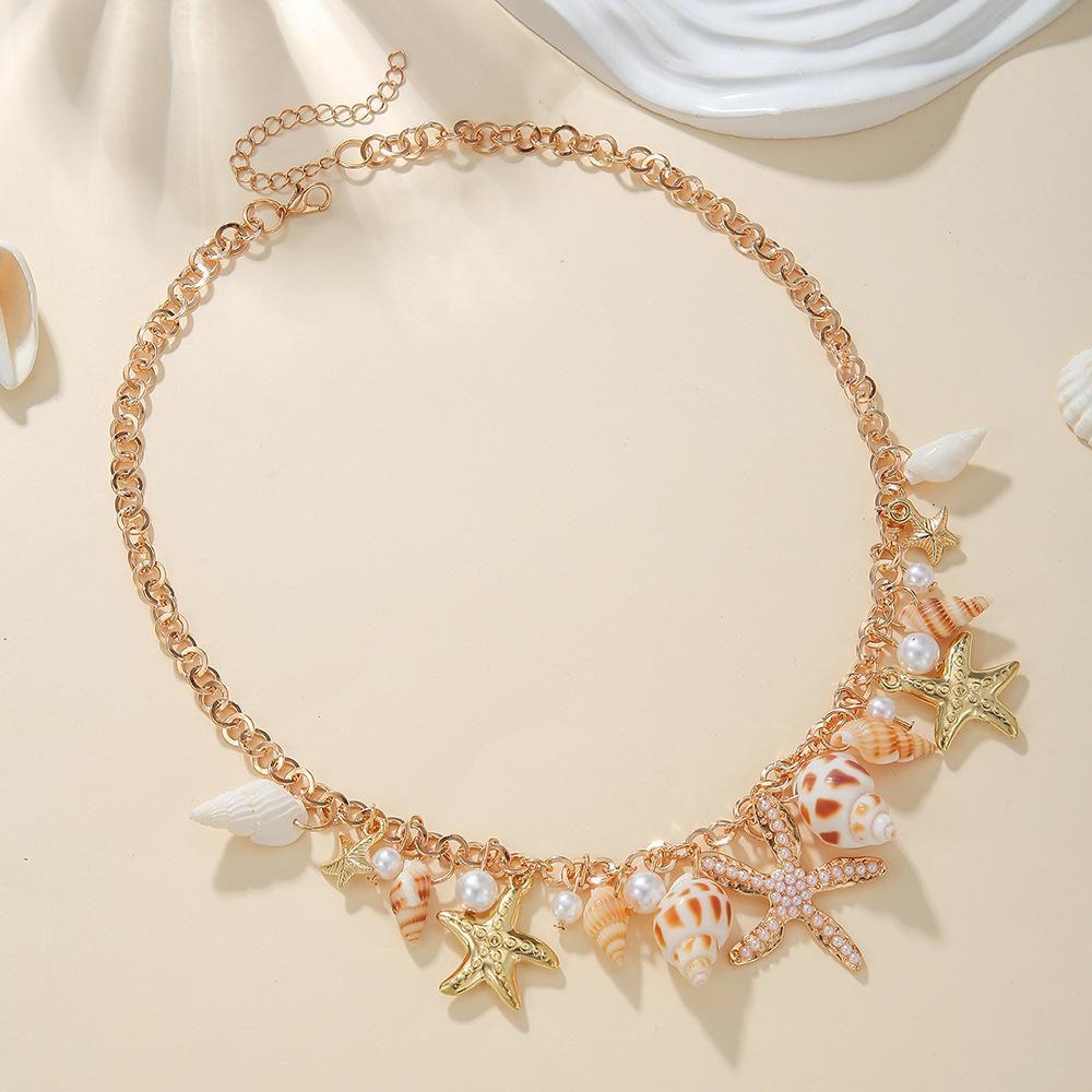 Beach Resort Style Jewelry Set, Versatile Starfish Shell Bracelet Bohemian Niche Summer Necklace