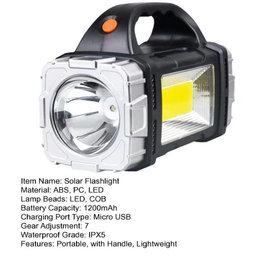 Portable Lamp Solar Flashlight with Handle USB Rechargeable 7 Modes High Lumens IPX5 Waterproof LED Work Light Camping Torch