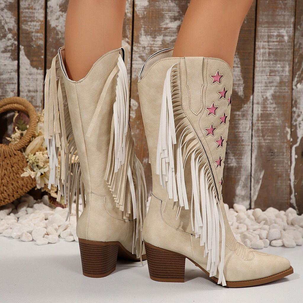 Women's autumn and winter western long boots, fringed solid color pointed-toe chunk-heeled high-heeled fashion boots long boots