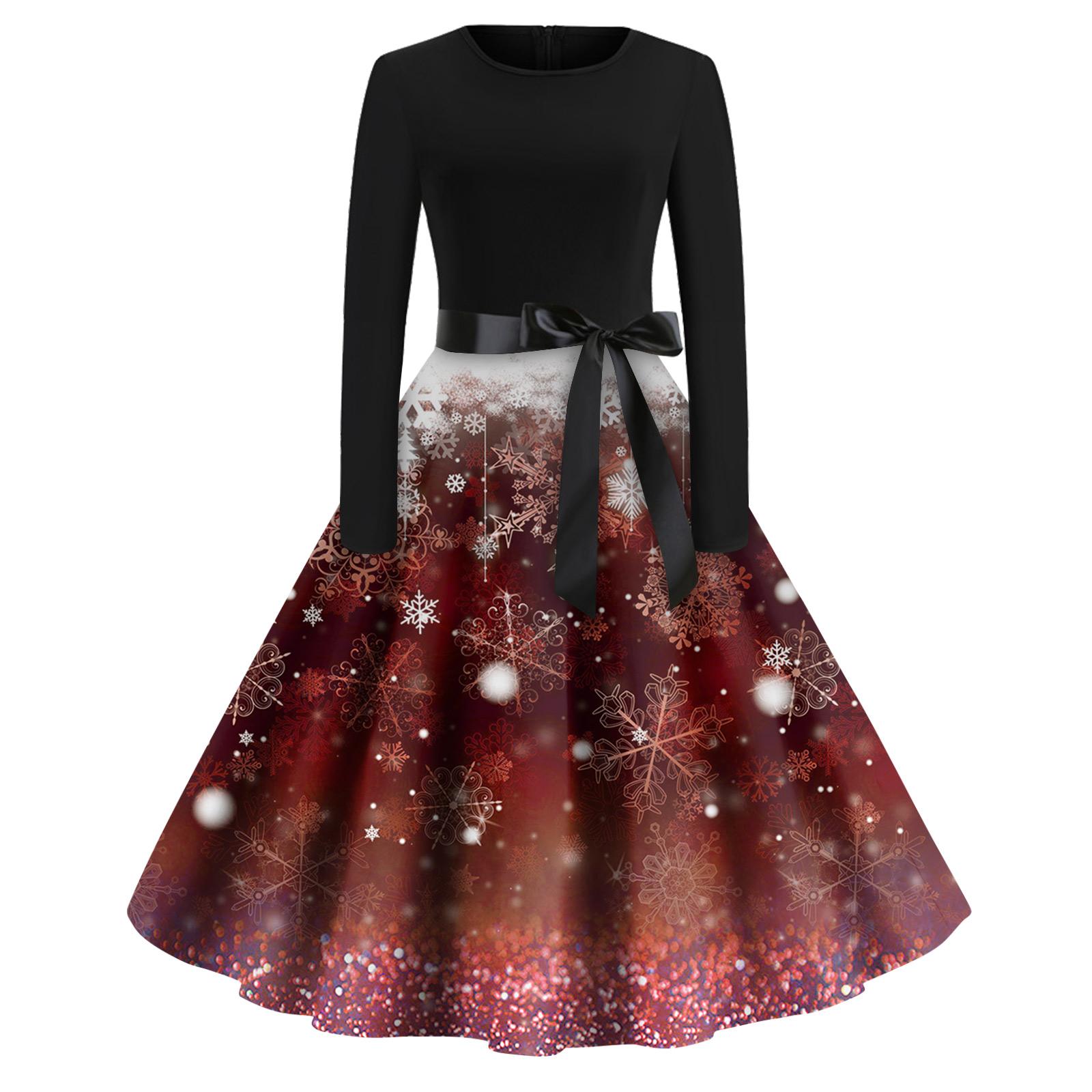 

Christmas Print Flare Dress For Women Long Sleeve Dress Hollow Party Casual Dresses M красный