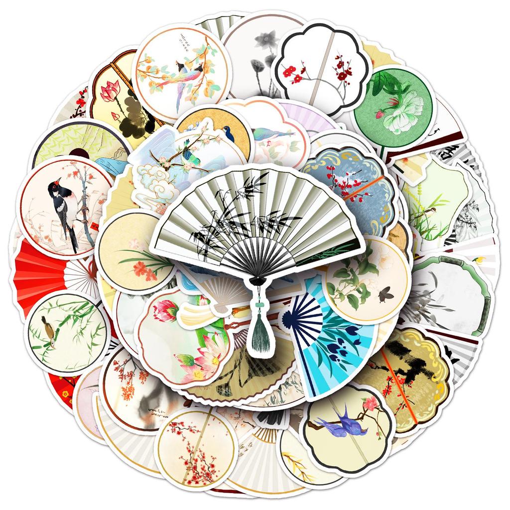 50 Chinese Style Round & Folding Fan Stickers: Creative DIY Graffiti Journal and Guka Milk Tea Cup Decor