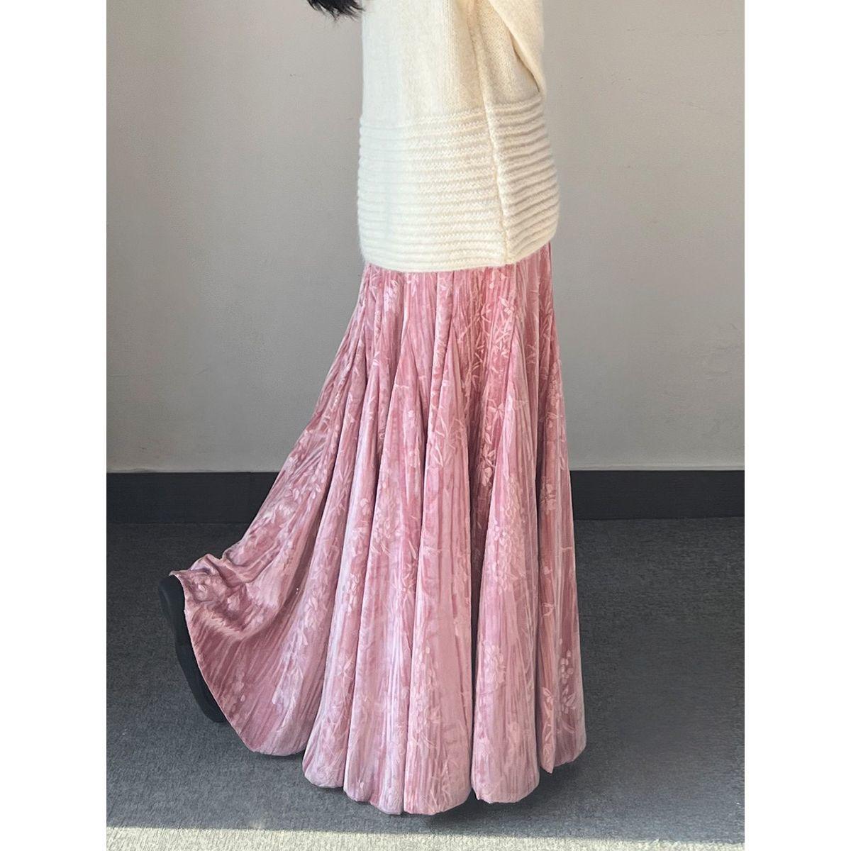 High Waist Velvet Maxi Skirt - Chinese Style, Slimming, Large Hem (Women s Seasonal Collection) 4XL