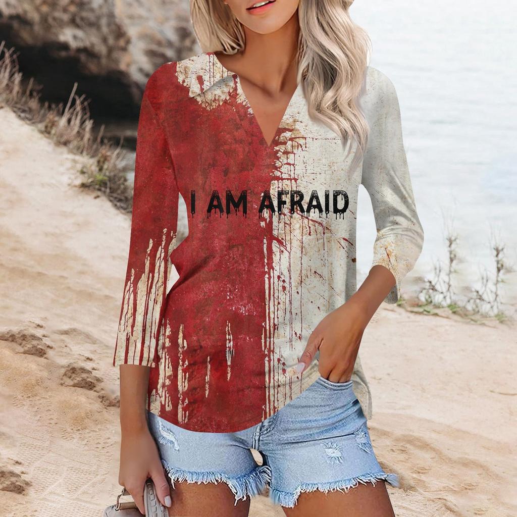 Modisches T-Shirt für Damen mit V-Ausschnitt und 3/4-Ärmeln, Halloween, blutiger Aufdruck, lässiges Oberteil