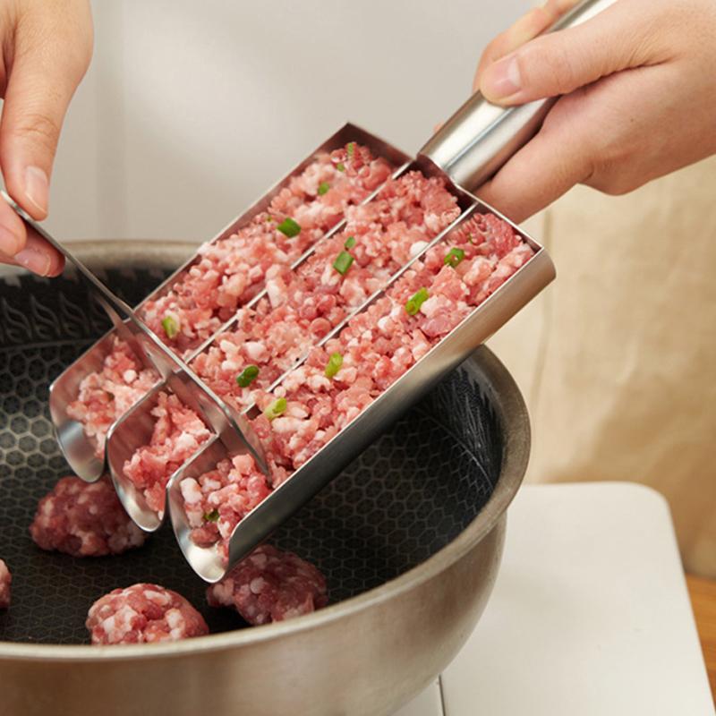 304 Edelstahl Fleischbällchenformer Dreifachrohr Lebensmittelballform mit Schöpflöffel Fischbällchen Garnelenpaste Form Reisbällchen Küchenwerkzeug Effizienter Fleischbällchenformer