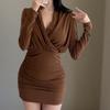 New ArriVals Open Run Women Solid Wrap V Neck Shirring Long sleeVe Mini Dress