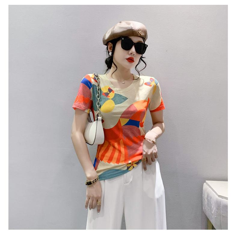Qooth Women S-3XL Size Short Sleeved Printed Animal Shirt Temperament Fashion Slim Round Neck Pullovers Top QT2190