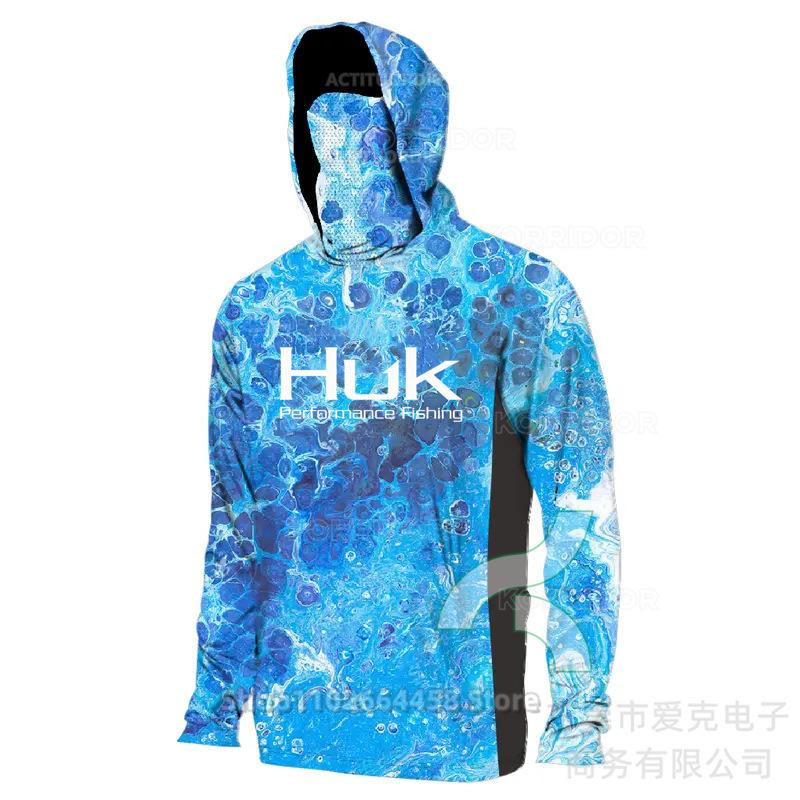 HUK fishing suit men's hoodie summer sun protection long sleeve fishing top with mask outdoor sports fishing shirt