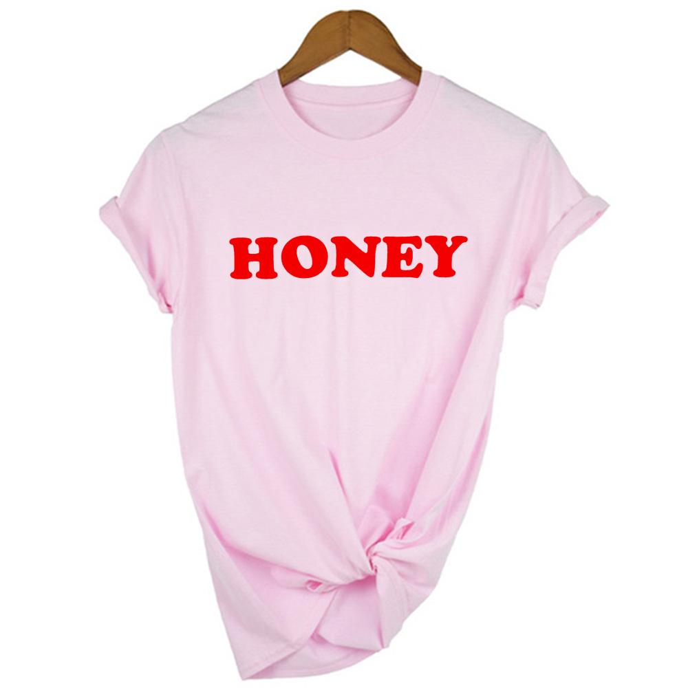 Honey Letter Print T Shirt Women Summer Clothes Short Sleeve O Neck Yellow Tshirt Tee
