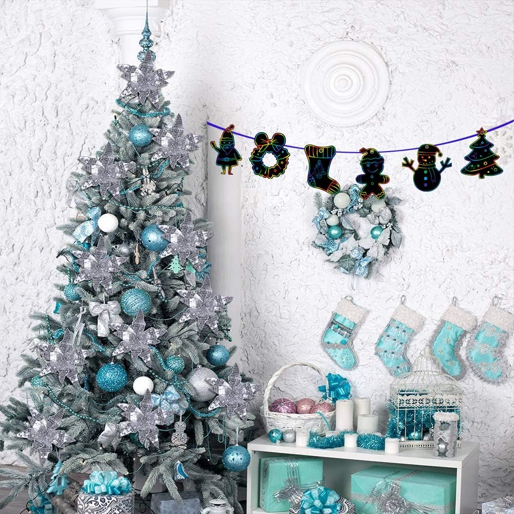 GOMANCHE 48 Pieces Christmas Scratch Art for Kids, DIY Rainbow Scratch Paper Magic Art Crafts Bulk, Christmas Hanging Ornaments for Kids Party Favors