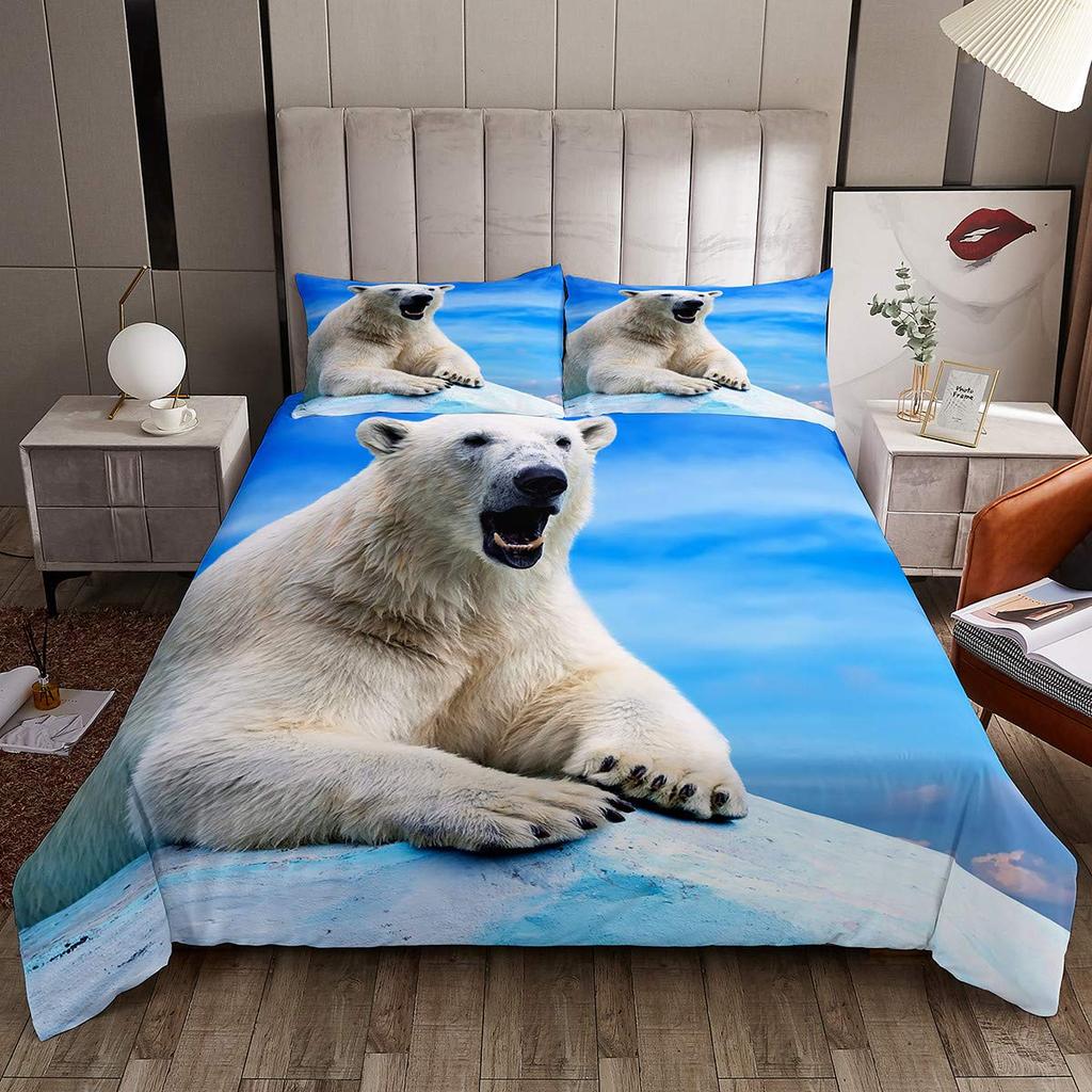 Bear Pattern Bedding Set Polar Bear Duvet Cover for Child Adult,White Bear Snow Mountain Sunset Soft Microfiber Comforter Cover