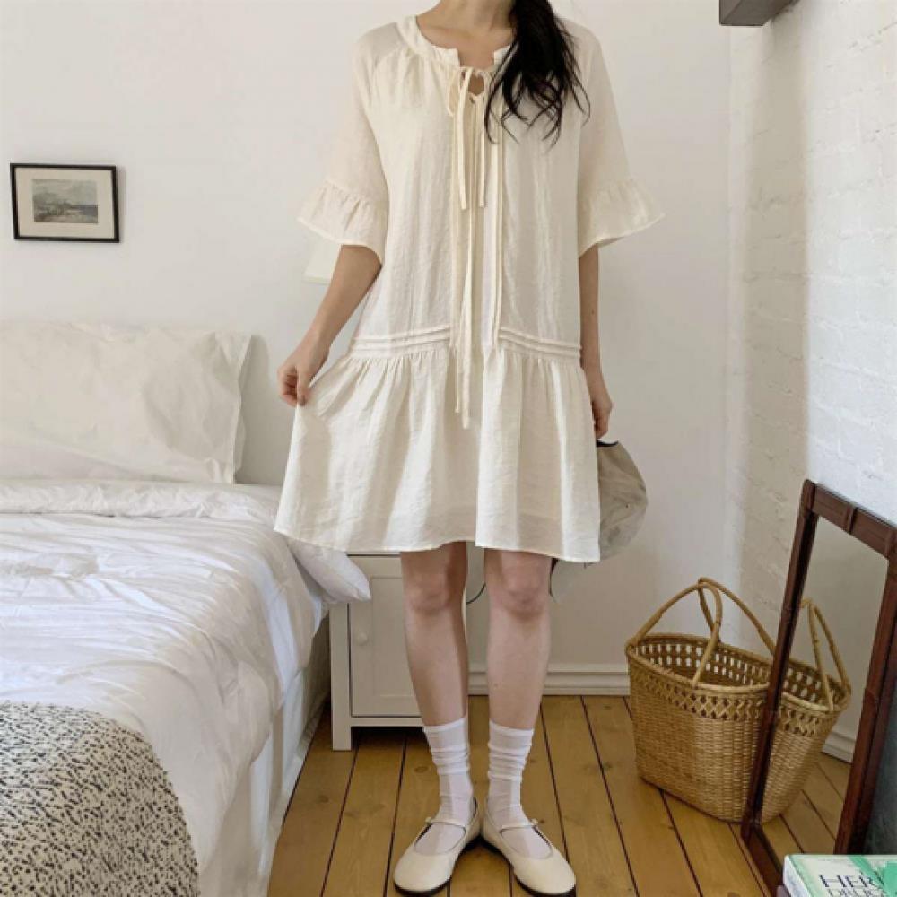 New Arrivals Open Run Women Linen Frill Short Sleeve Mini Dress