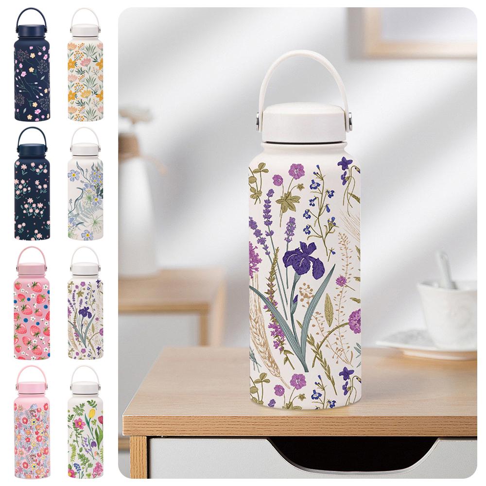 1000ml Stainless Steel Insulated Bottle Thickened Large Capacity Sports Water Bottle Wide Mouth with Handle Printed Cup