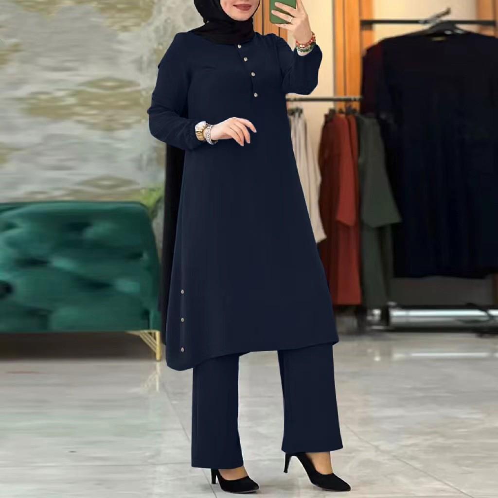 2024 Women's Muslim Round Neck Bubble Sleeve Shirt with Side Seam Detail and Wooden Buttons Casual Set
